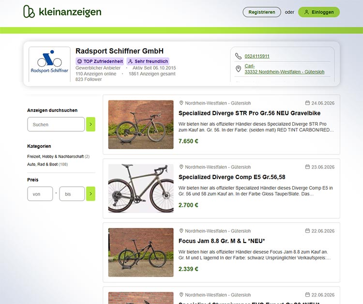 neue Sporträder bei kleinanzeigen.de sofort verfügbar